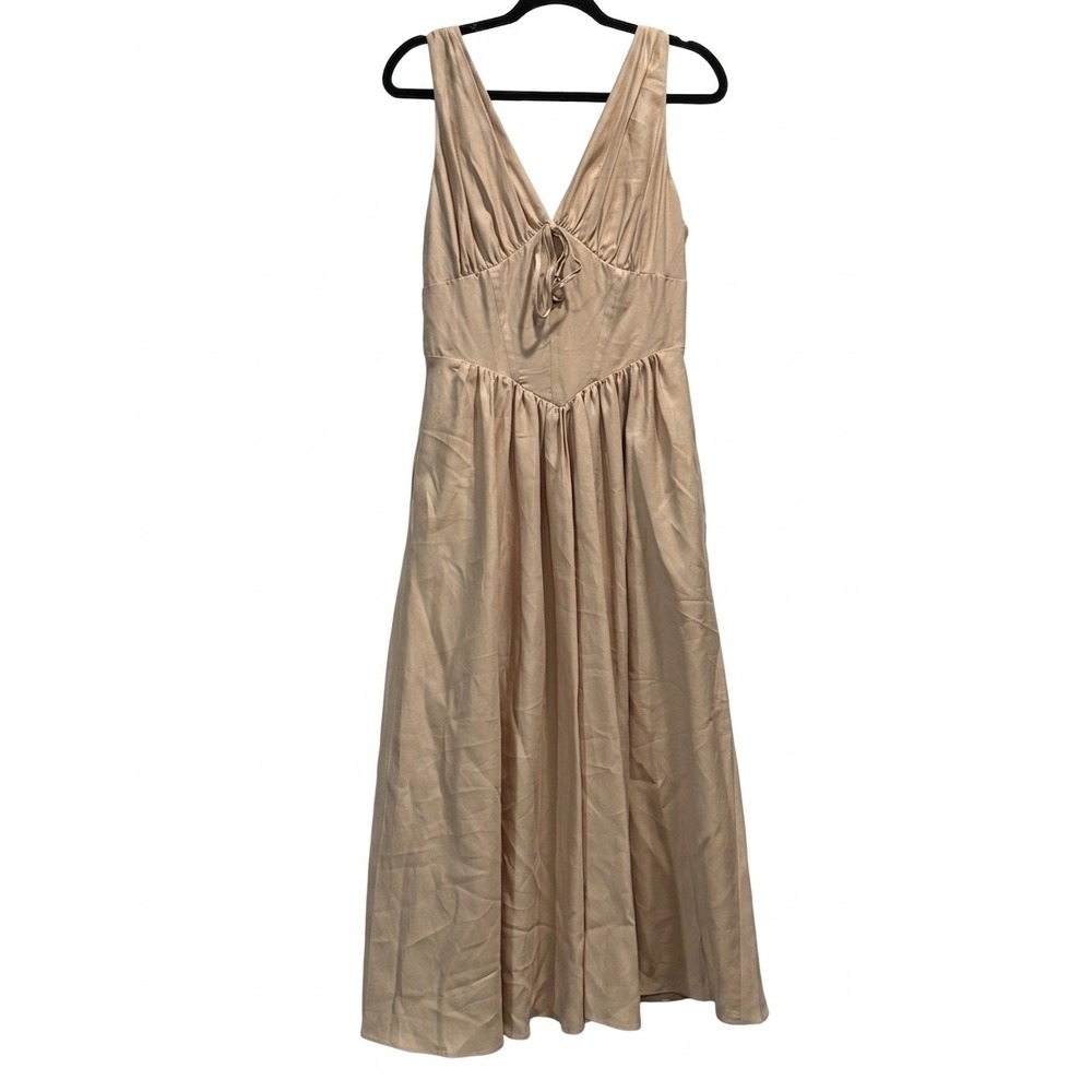 Gianni Bini Birch Drop Waist Midi Dress Beige V-Neck Tie Front Size 4‎ NEW